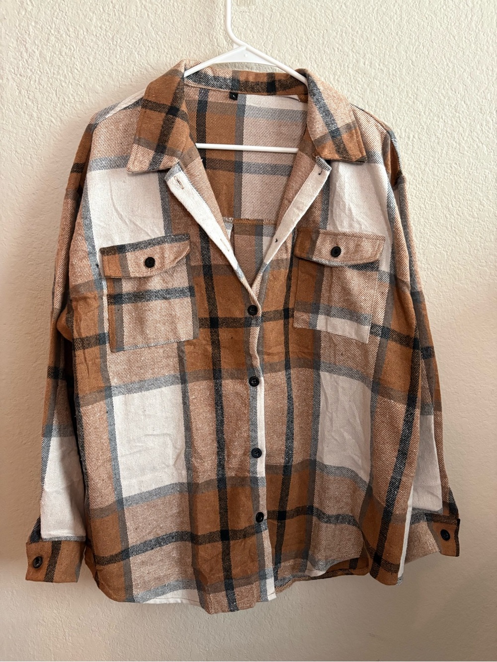 Plaid Button-Up Shirt Jacket in Camel and Cream